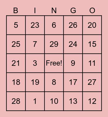 Valentines Day Bingo Card