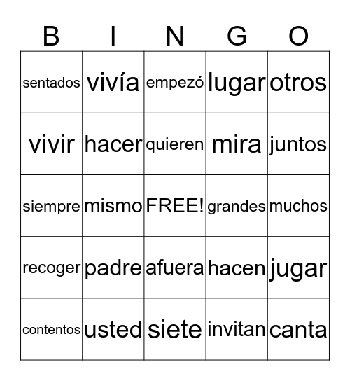 Sight Word Bingo Card