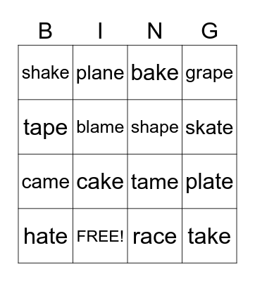 a_e words Bingo Card