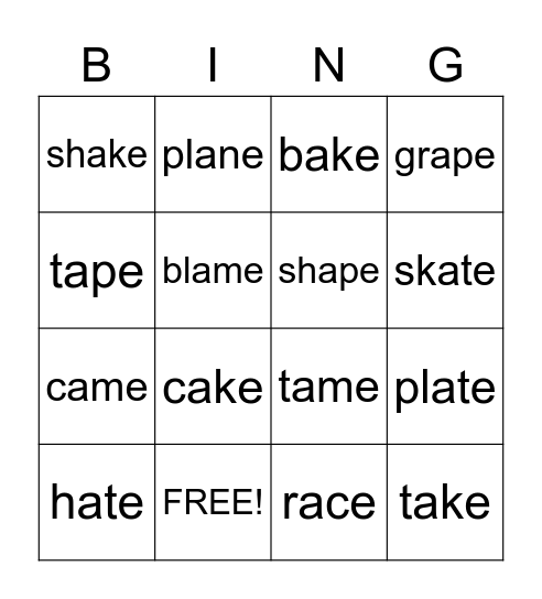 a_e words Bingo Card