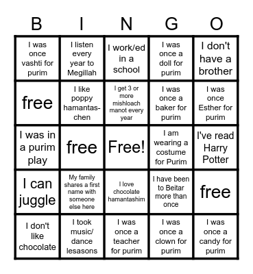 Purim English  Bingo Shayna Style Bingo Card
