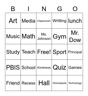 School Bingo Card