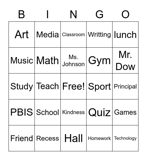 School Bingo Card