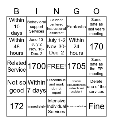 SPED Bingo  Bingo Card