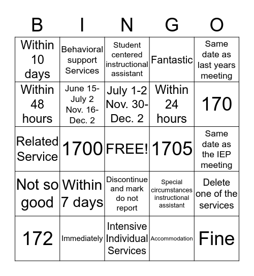 SPED Bingo  Bingo Card