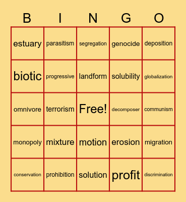 5th Grade Science/SS Vocab Bingo Card
