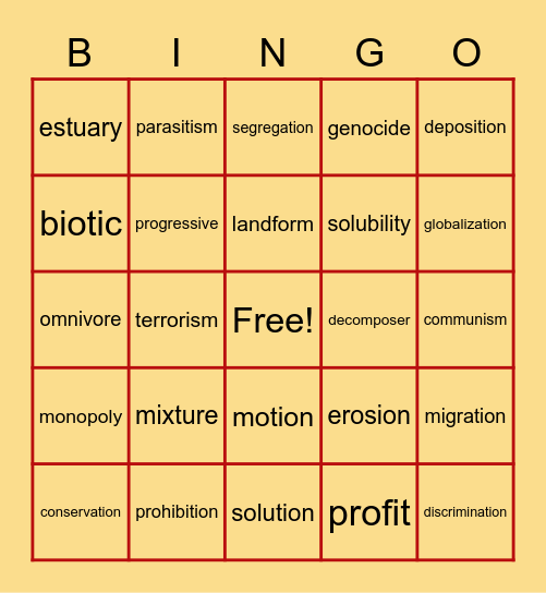 5th Grade Science/SS Vocab Bingo Card