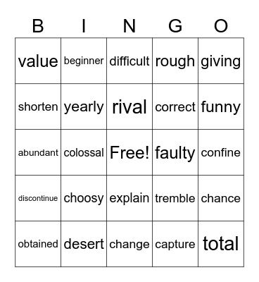 Synonyms Bingo Card