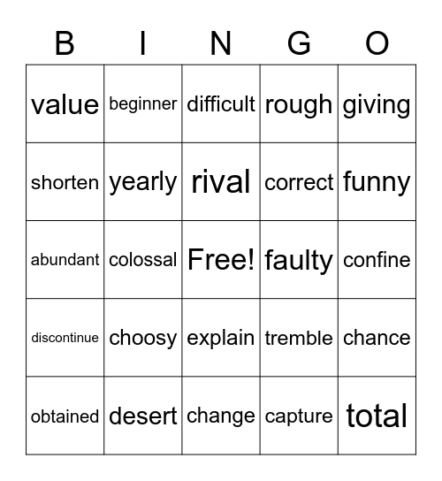 Synonyms Bingo Card