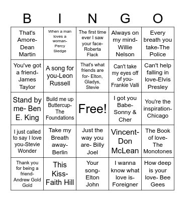 DD30 Songs of Love! Bingo Card