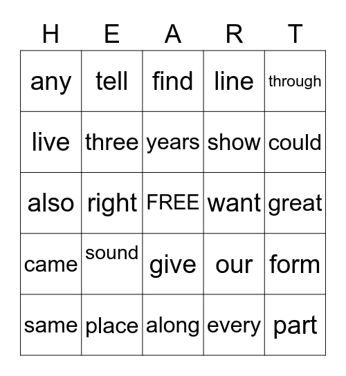 HEART Bingo Card