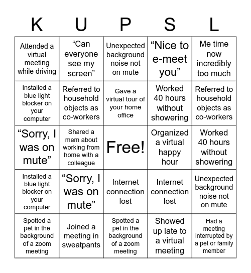 Work KUPSL Bingo Card