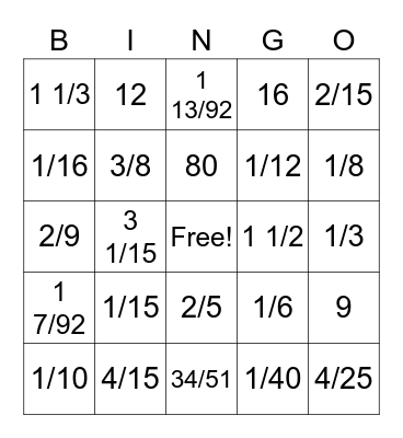 Multiplication/Division of Fractions Bingo Card