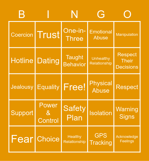 Teen Dating Violence Awareness Bingo Card