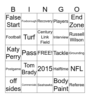 Super Bowl XLIX Bingo Card