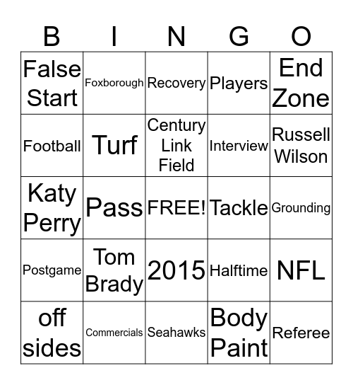 Super Bowl XLIX Bingo Card