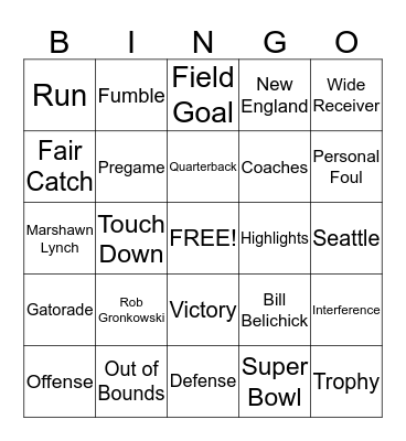 Super Bowl XLIX Bingo Card