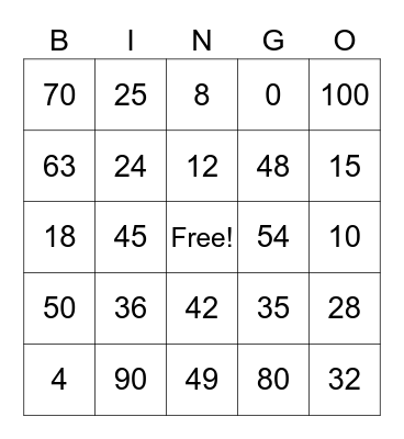 Multiplication Bingo 0-7, 10 Bingo Card