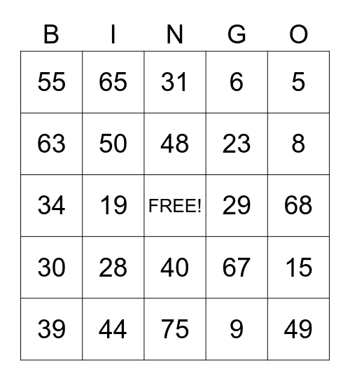 BINGO 1-75 Bingo Card