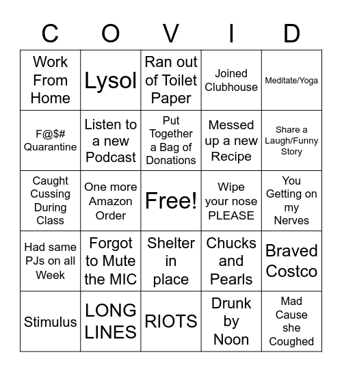 Barber Covid Bingo Card