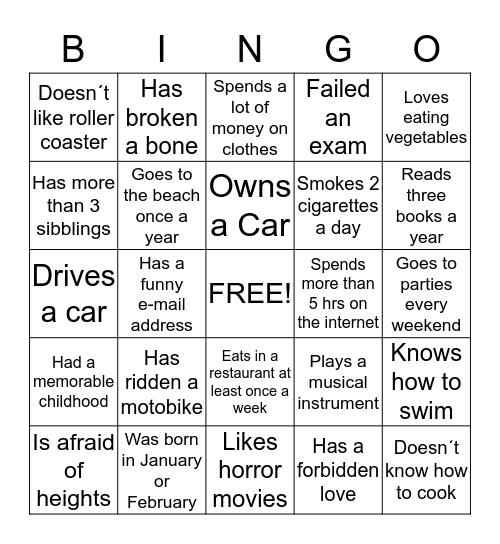 Knowing my classmates Bingo Card