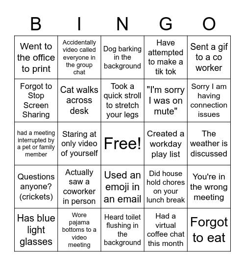 Remote Work Bingo Card