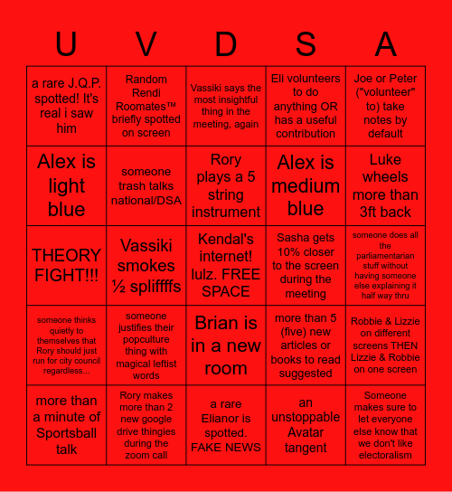 UVDSA zoom meeting/hangout Bingo. Some squares are easy some squares are hard...play...if you dare Bingo Card