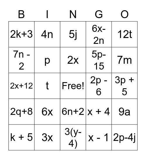 Equivalent Expressions Bingo Card