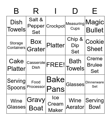 Sarah's Bridal Shower Bingo Card