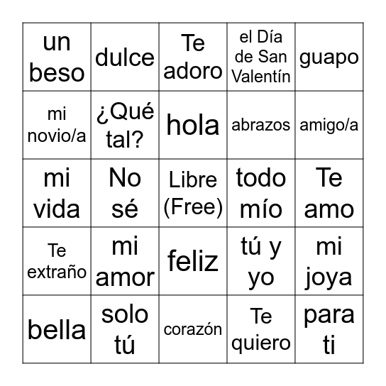 Spanish Valentines Bingo Card