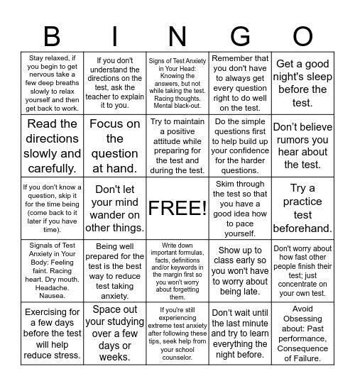 Overcoming Test Anxiety Bingo Card