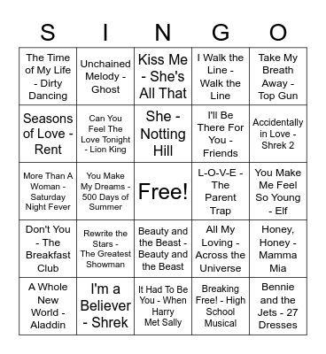 Love Songs from Film & Television Bingo Card