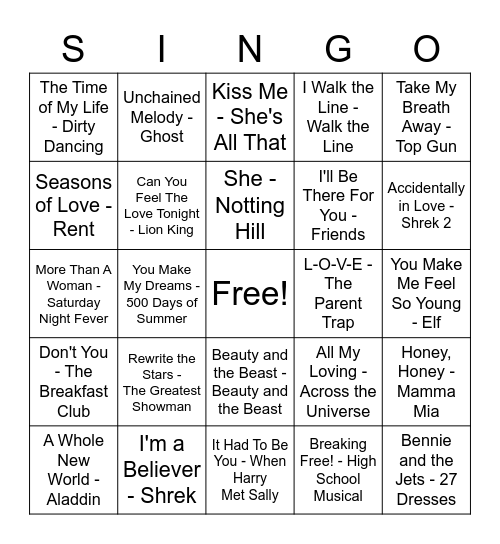 Love Songs from Film & Television Bingo Card