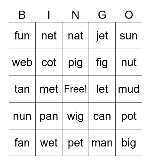 CVC Words Bingo Card