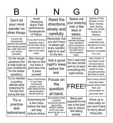 Overcoming Test Anxiety Bingo Card