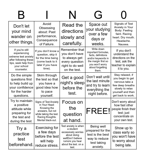 Overcoming Test Anxiety Bingo Card