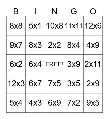 Multiplication Fun Bingo Card