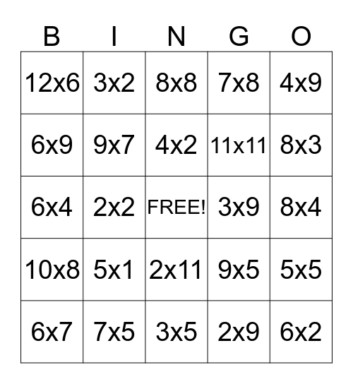 Multiplication Fun Bingo Card