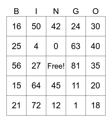 Multiplication BINGO Card