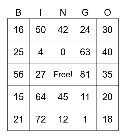 Multiplication BINGO Card