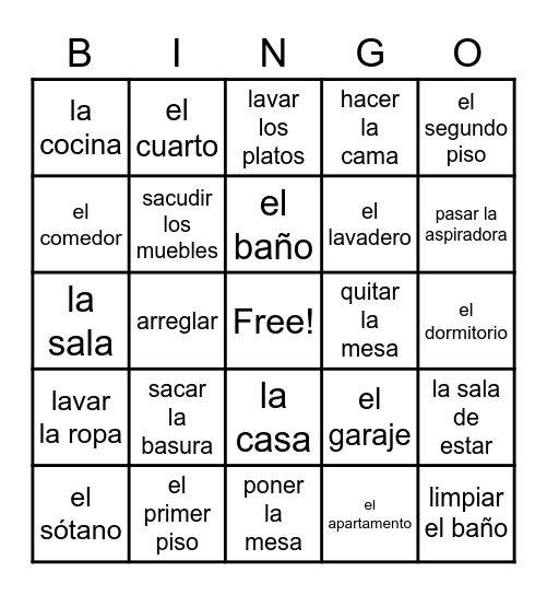 Los cuartos y los quehaceres Bingo Card