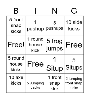 TKD Workout Bingo Card