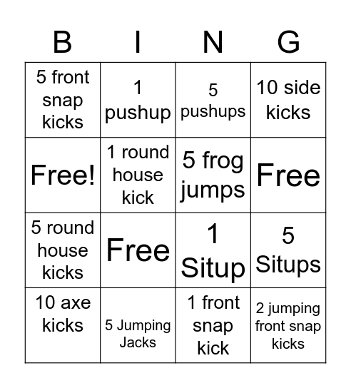 TKD Workout Bingo Card