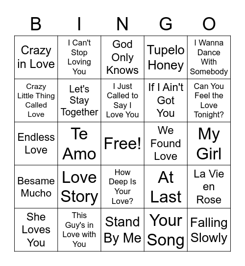 Love Song Bingo :) :) Bingo Card
