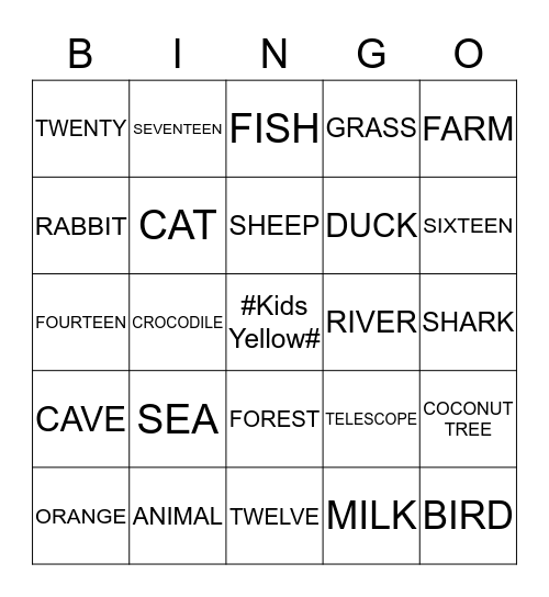 Bingo KIDS YELLOW Bingo Card