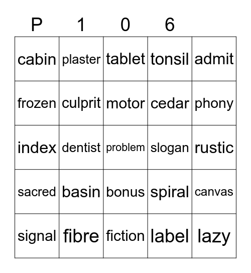 P 106 Bingo Card