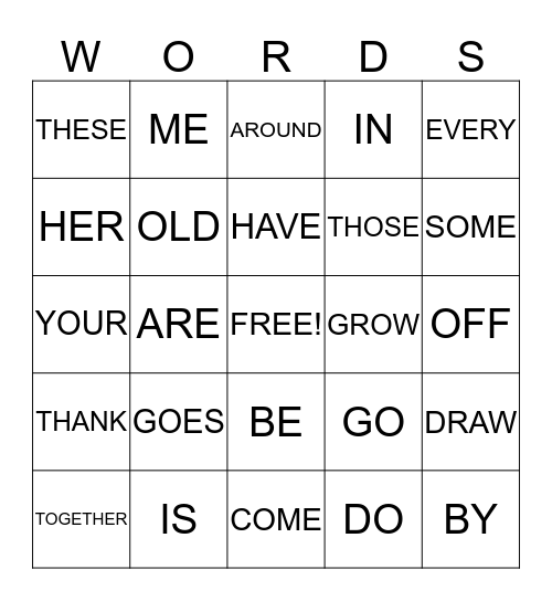 SIGHT WORDS Bingo Card