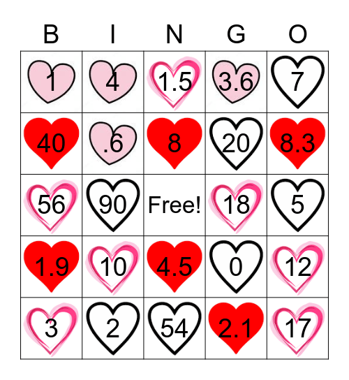 Valentine Review Grade 6 Bingo Card