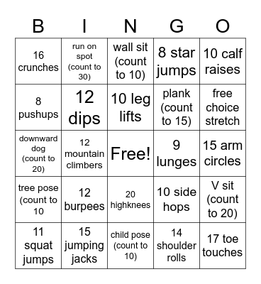 Fitness Bingo Card