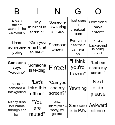 Staff Meeting Bingo Card Bingo Card